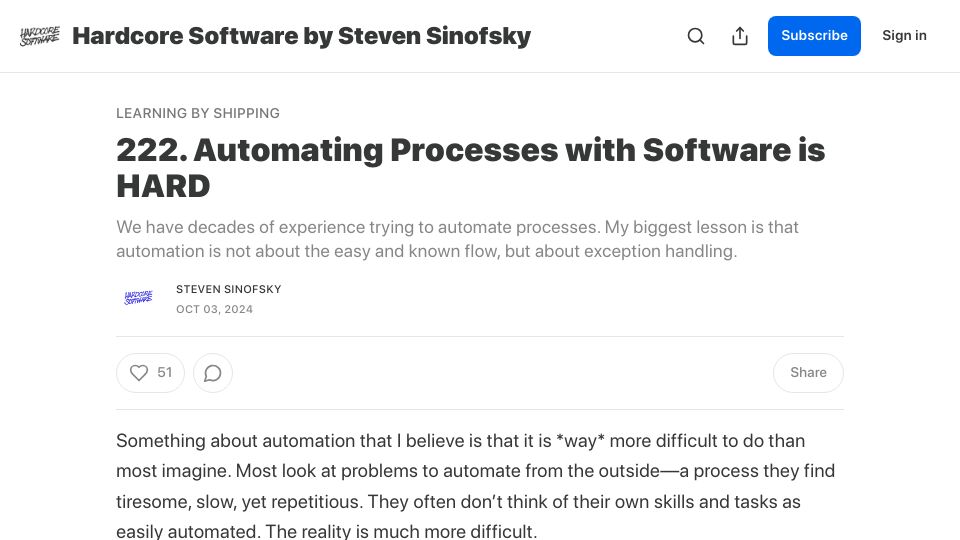 Screenshot of hardcoresoftware.learningbyshipping.com: Automating processes with software is hard