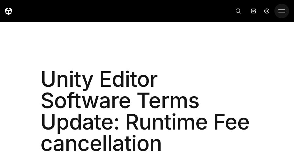 Screenshot of unity.com: Unity Editor software terms update: Runtime fee cancellation