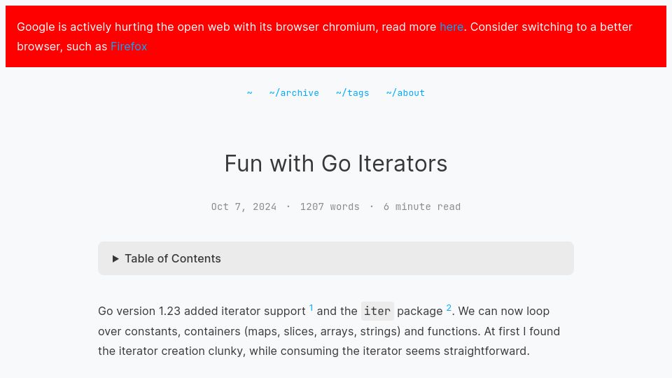 Screenshot of xnacly.me: Fun with Go Iterators