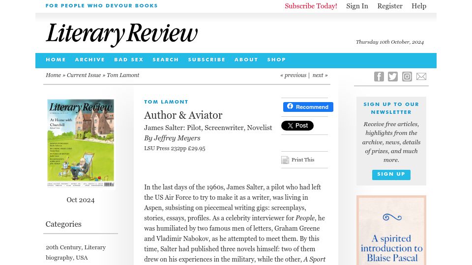Screenshot of literaryreview.co.uk: James Salter: Pilot, Screenwriter, Novelist
