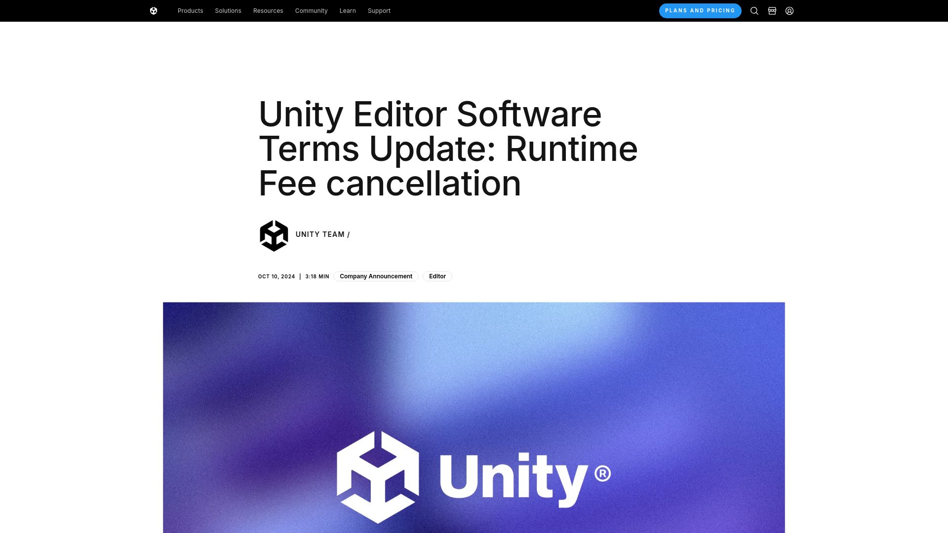 Screenshot of unity.com: Unity Editor software terms update: Runtime fee cancellation