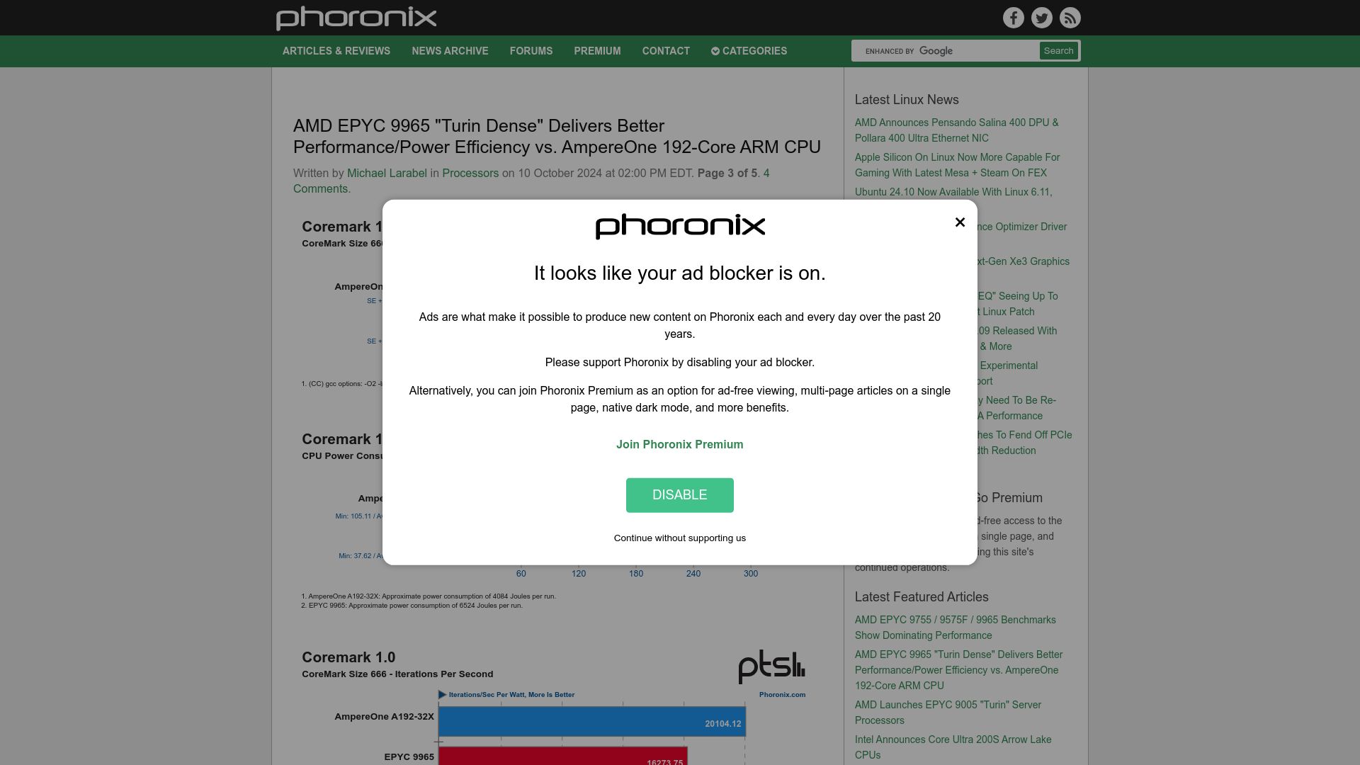 Screenshot of phoronix.com: AMD EPYC Turin delivers better performance/power efficiency than AmpereOne