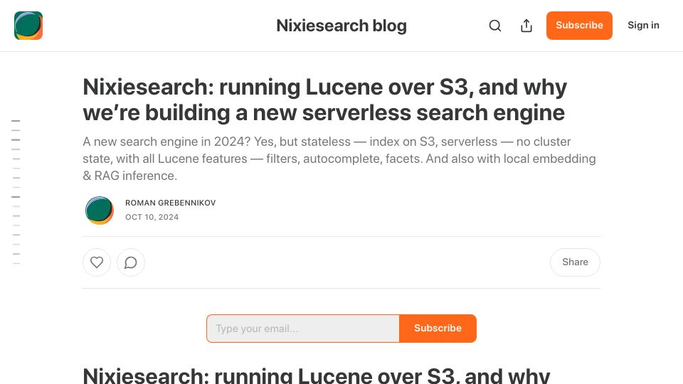 Screenshot of nixiesearch.substack.com: Nixiesearch: Running Lucene over S3, and why we're building a new search engine