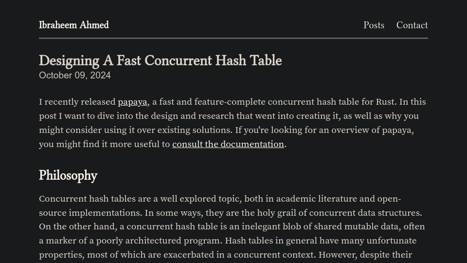 Screenshot of ibraheem.ca: Designing a Fast Concurrent Hash Table