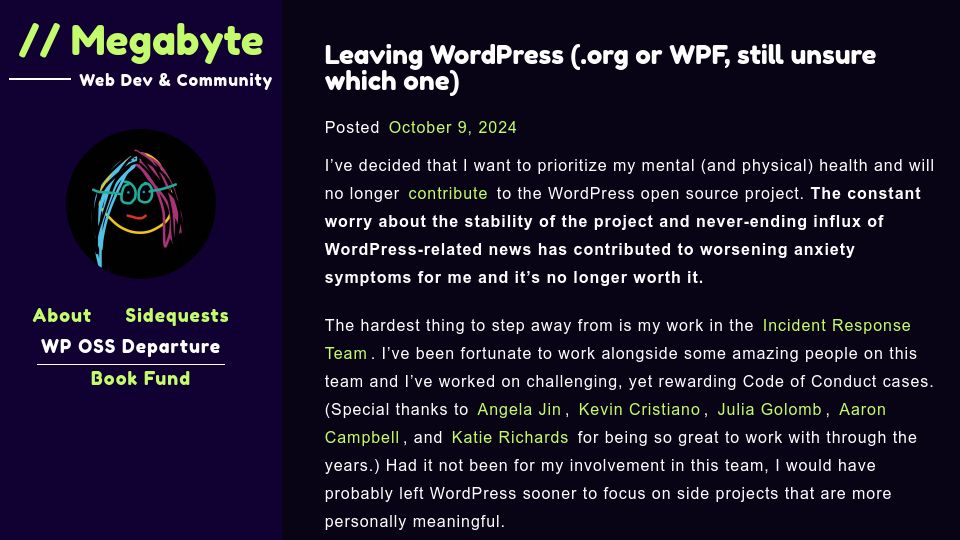 Screenshot of megabyterose.com: Leaving WordPress (.org or WPF, still unsure which one)