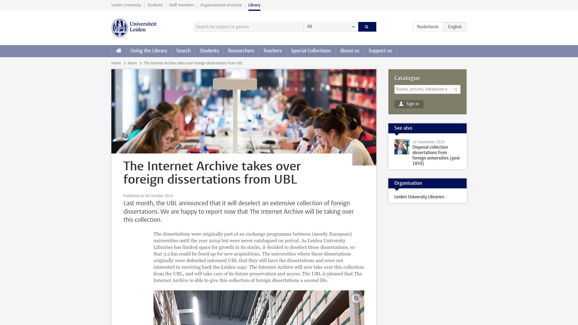 Screenshot of library.universiteitleiden.nl: The Internet Archive takes over foreign dissertations from Leiden University