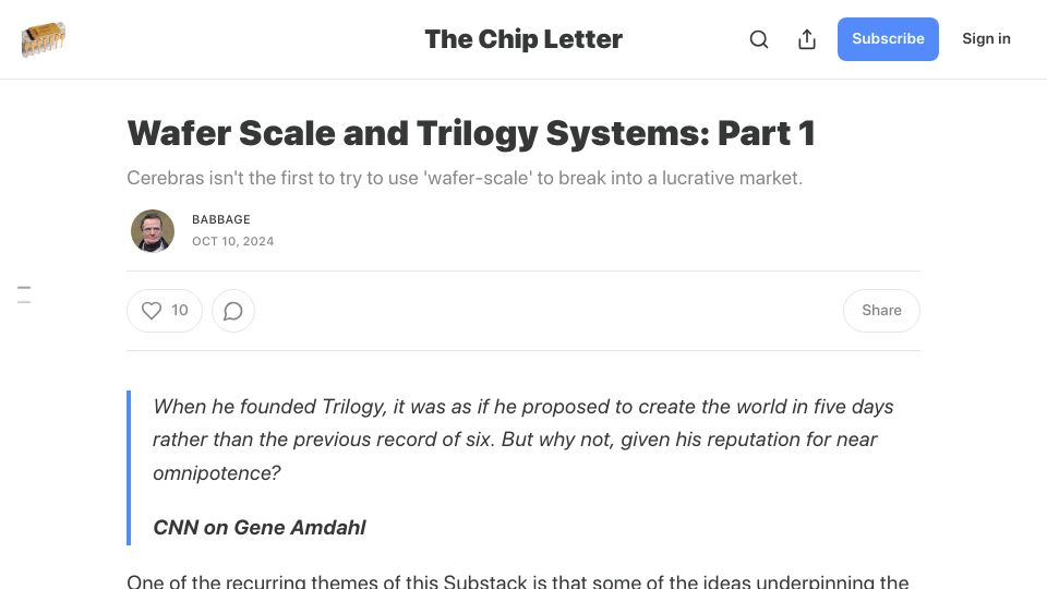 Screenshot of thechipletter.substack.com: Wafer Scale and Trilogy Systems: Part 1