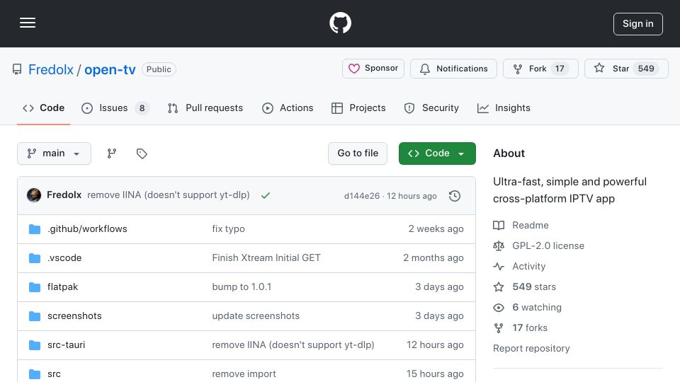 Screenshot of github.com: Open-TV: Ultra-fast, simple and powerful cross-platform IPTV app