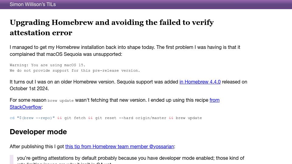Screenshot of til.simonwillison.net: Upgrading Homebrew and avoiding the "failed to verify attestation" error
