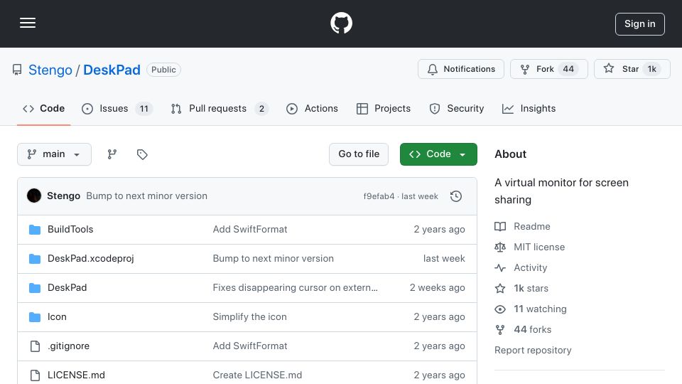 Screenshot of github.com: DeskPad – A virtual monitor for screen sharing