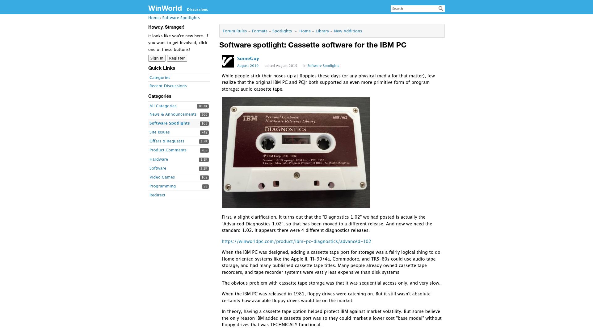 Screenshot of forum.winworldpc.com: Software spotlight: Cassette software for the IBM PC