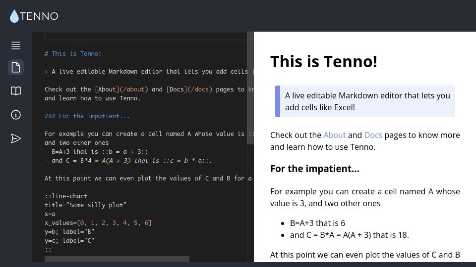 Screenshot of tenno.app: Show HN: Tenno – Markdown and JavaScript = a hybrid of Word and Excel