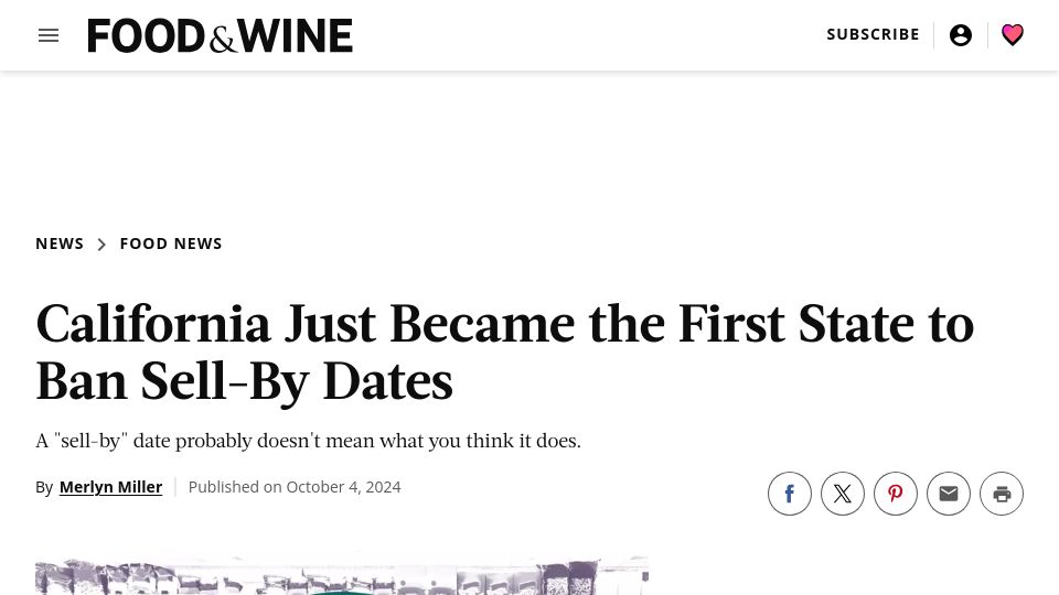 Screenshot of foodandwine.com: California Bans Sell-By Dates