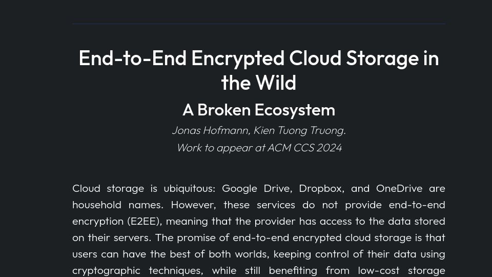Screenshot of brokencloudstorage.info: End-to-End Encrypted Cloud Storage in the Wild: A Broken Ecosystem