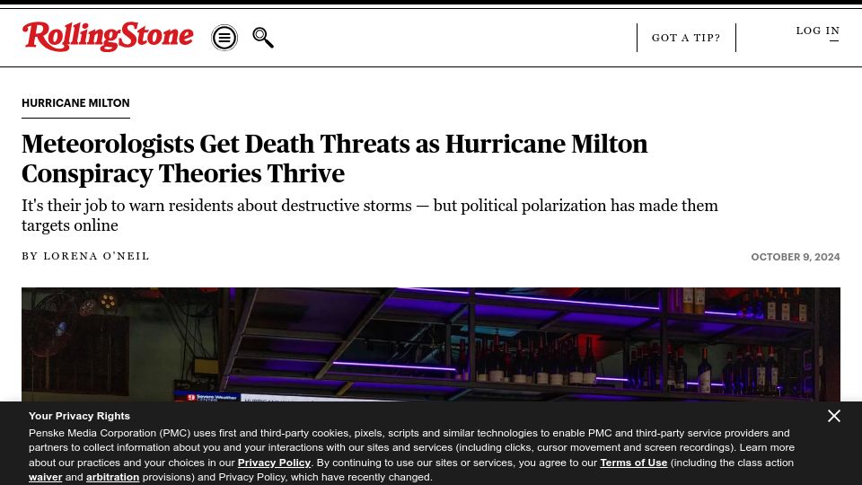 Screenshot of rollingstone.com: Meteorologists Get Death Threats as Hurricane Conspiracy Theories Thrive