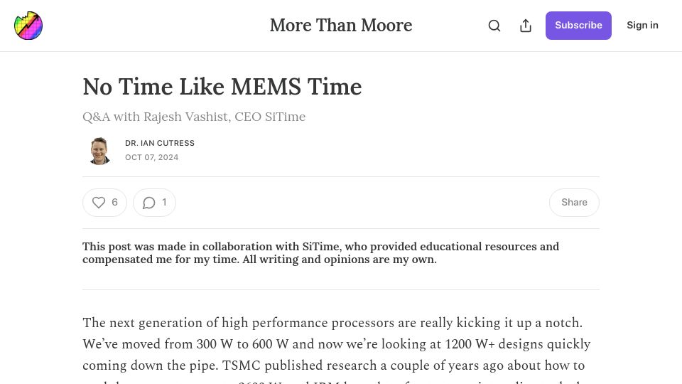 Screenshot of morethanmoore.substack.com: No Time Like MEMS Time