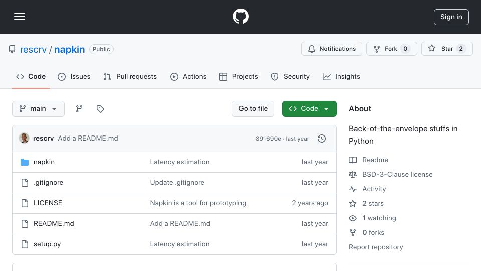Screenshot of github.com: Napkin: Back-of-the-envelope calculations in Python