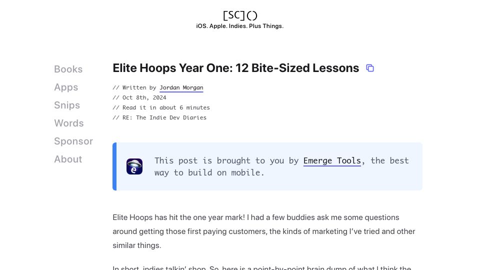 Screenshot of swiftjectivec.com: Using Paid Ads to Grow Elite Hoops as an Indie and 11 Other Lessons
