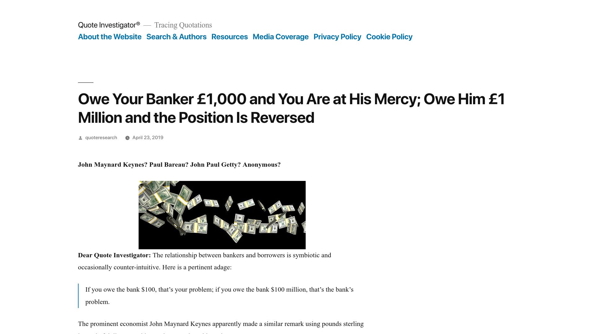 Screenshot of quoteinvestigator.com: Owe your banker £1k you are at his mercy; owe him £1m the position is reversed (2019)
