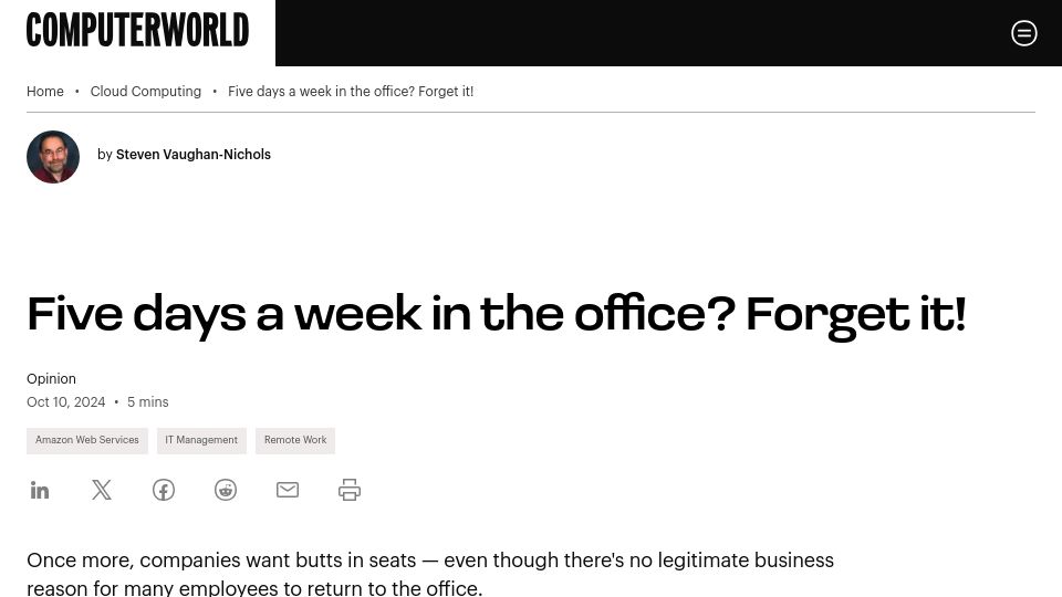 Screenshot of computerworld.com: Five days a week in the office? Forget it