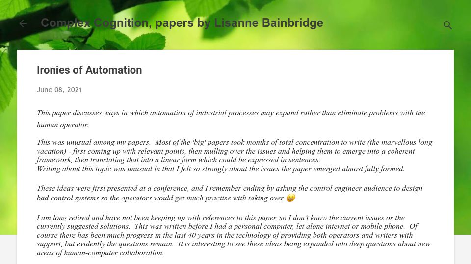 Screenshot of complexcognition.co.uk: Ironies of Automation (1983)