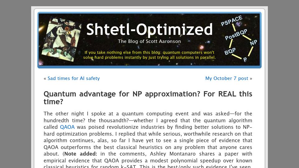 Screenshot of scottaaronson.blog: Quantum Advantage for NP Approximation