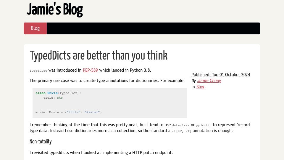 Screenshot of blog.changs.co.uk: TypedDicts are better than you think