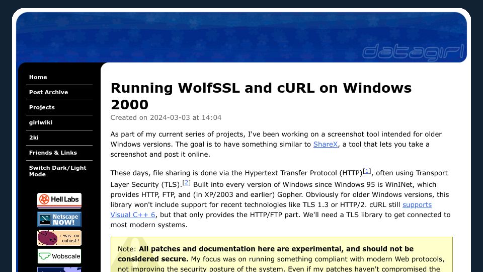 Screenshot of datagirl.xyz: Running WolfSSL and Curl on Windows 2000