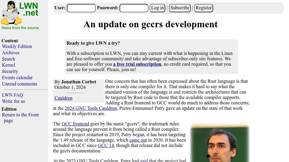 Screenshot of lwn.net: An Update on Gccrs Development
