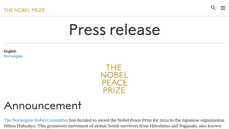 Screenshot of nobelprize.org: Nobel Peace Prize for 2024 awarded to Nihon Hidankyo