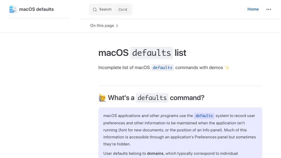 Screenshot of macos-defaults.com: macOS defaults: a list of macOS defaults commands with demos