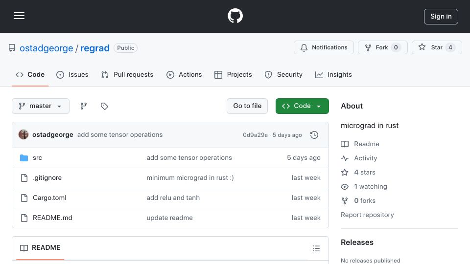 Screenshot of github.com: Regrad Is Micrograd in Rust
