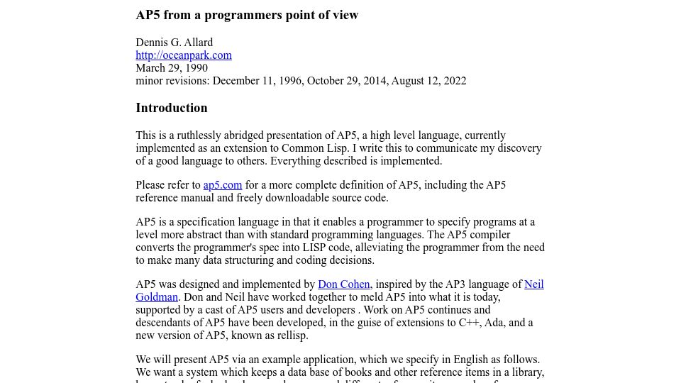 Screenshot of oceanpark.com: AP5 -  Declarative Programming Library For Common Lisp (1995)