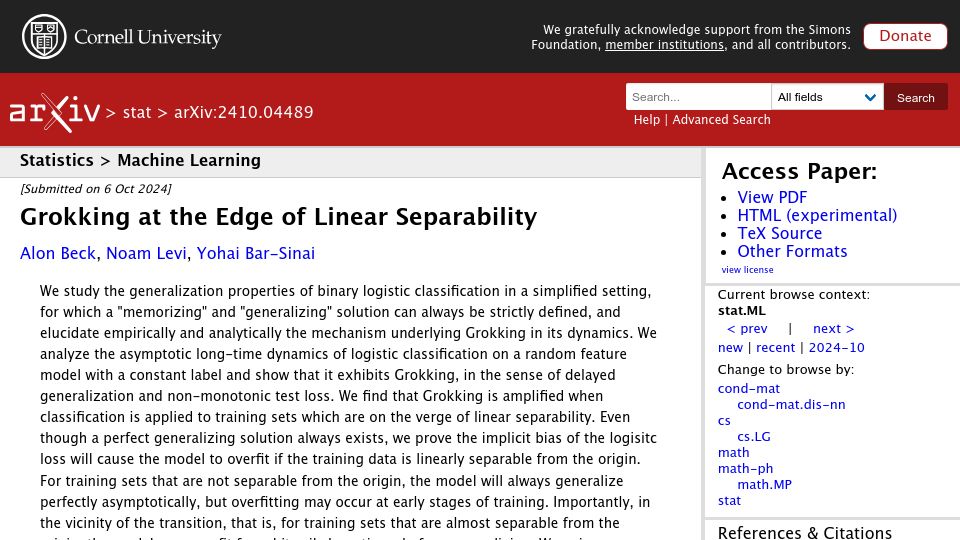 Screenshot of arxiv.org: Grokking at the edge of linear separability