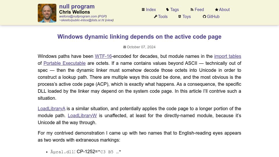 Screenshot of nullprogram.com: Windows dynamic linking depends on the active code page