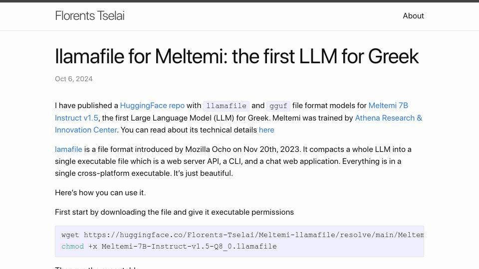 Screenshot of tselai.com: Llamafile for Meltemi: The First LLM for Greek