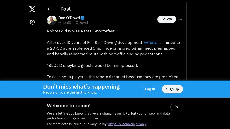 Screenshot of twitter.com: Tesla's Robotaxi day was a total Snoozefest