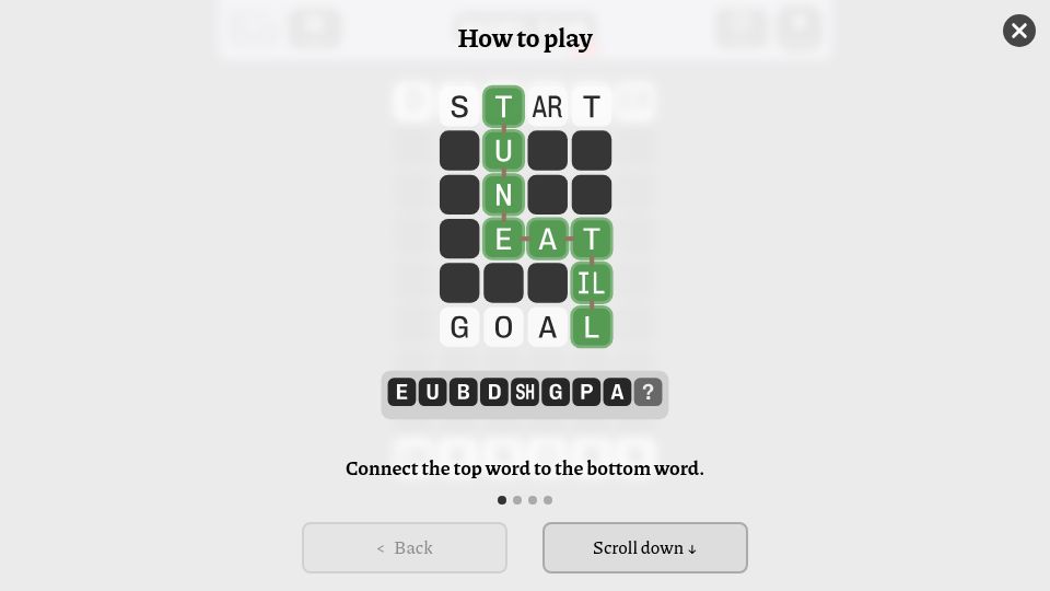 Screenshot of bridj.link: Show HN: Daily puzzle game where you build a bridge of your own words (SolidJS)