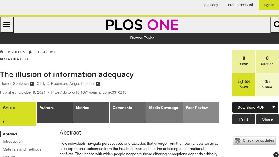 Screenshot of journals.plos.org: The Illusion of Information Adequacy