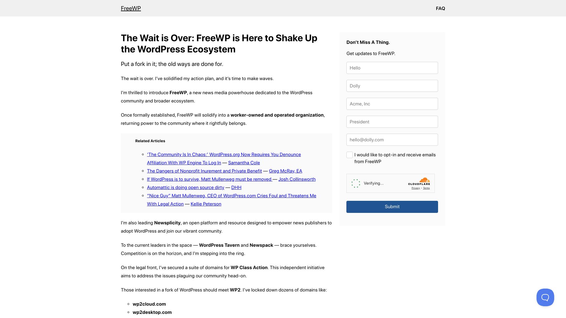 Screenshot of freewp.com: FreeWP Is Here to Shake Up the WordPress Ecosystem