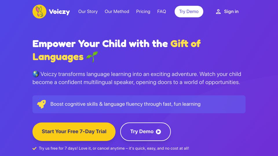 Screenshot of voiczy.com: Show HN: I made a simple web app to help kids learn a new language