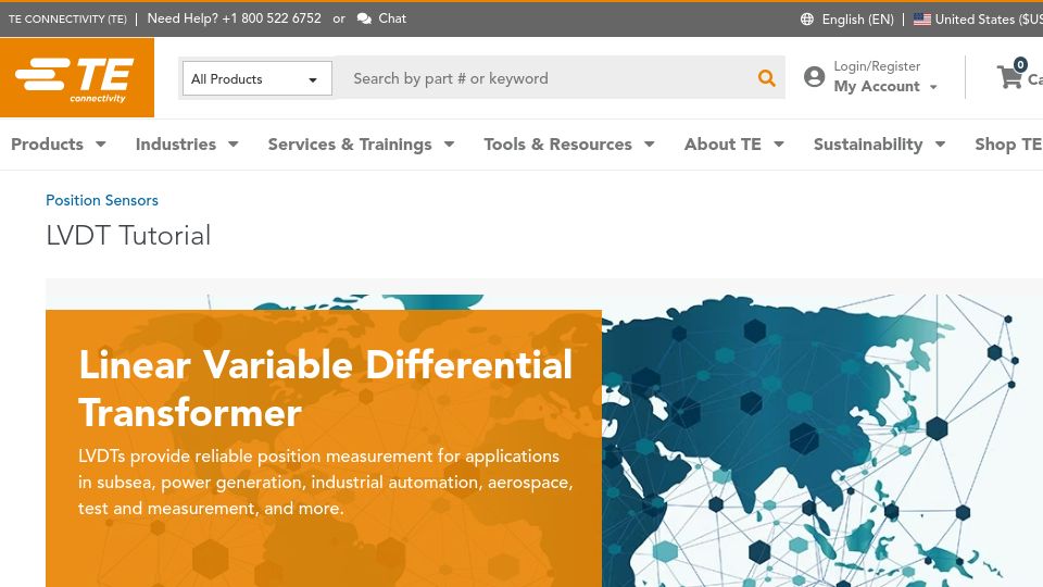 Screenshot of te.com: Linear Variable Differential Transformer (LVDT) Basics