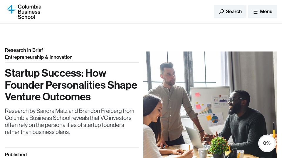 Screenshot of business.columbia.edu: Startup Success: How Founder Personalities Shape Venture Outcomes
