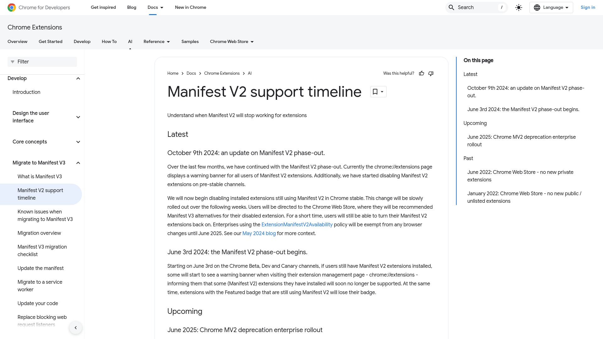 Screenshot of developer.chrome.com: "Begin disabling installed extensions still using Manifest V2 in Chrome stable"