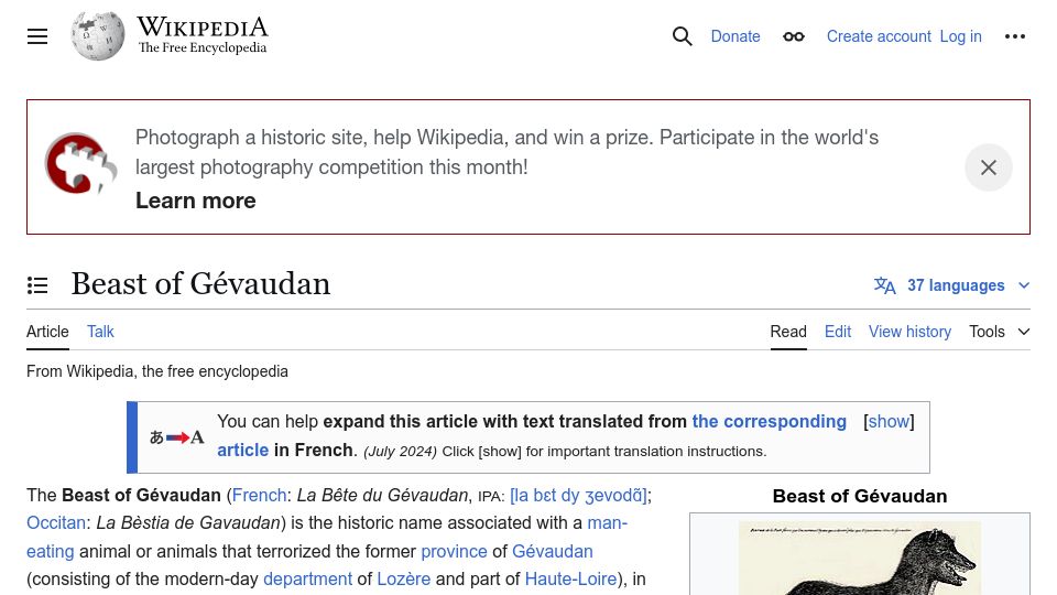 Screenshot of en.wikipedia.org: Beast of Gévaudan