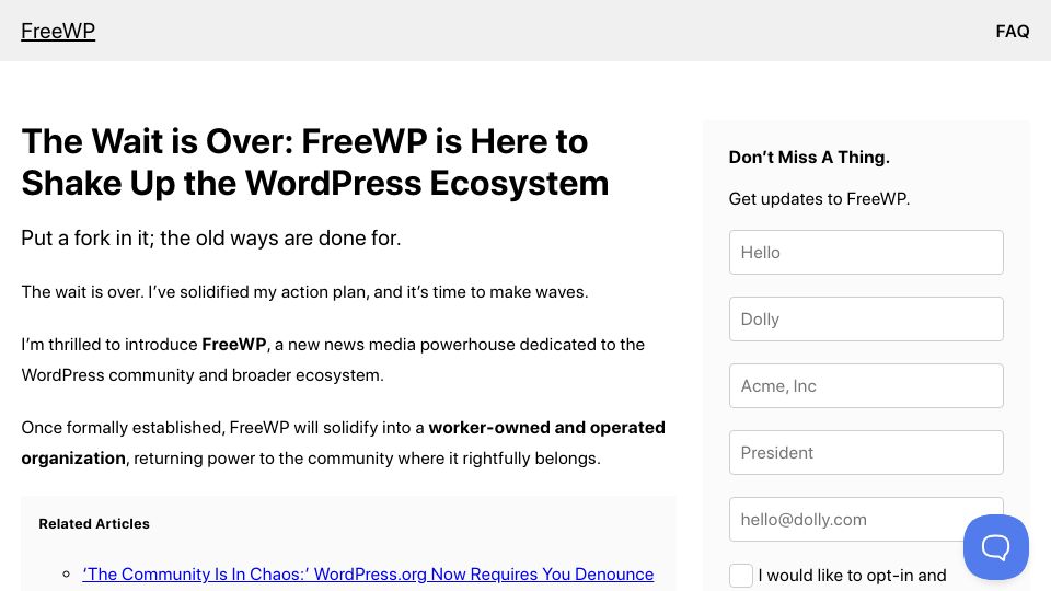 Screenshot of freewp.com: FreeWP Is Here to Shake Up the WordPress Ecosystem