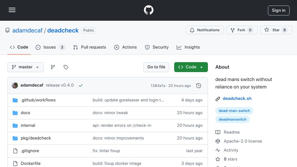 Screenshot of github.com: Show HN: Dead man's switch without reliance on your infra
