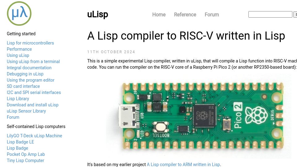 Screenshot of ulisp.com: A Lisp compiler to RISC-V written in Lisp