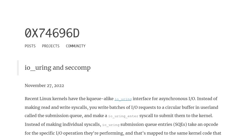 Screenshot of blog.0x74696d.com: Io_uring and seccomp (2022)