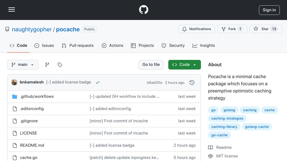Screenshot of github.com: Show HN: Pocache, preemptive optimistic caching for Go